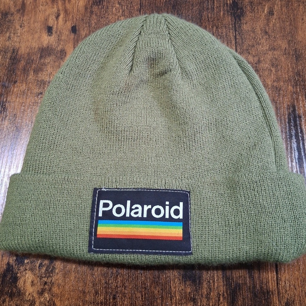 Polaroid Mens Olive Green Knit Beanie Rainbow Logo Patch Cuffed Hat One Size